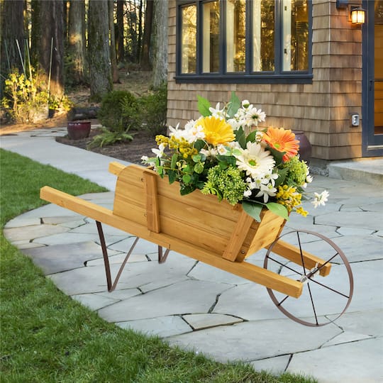 Costway Decorative Rustic Wood Wheelbarrow Planter Cart